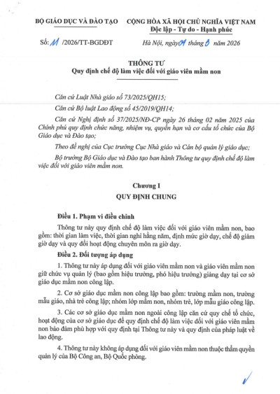 Thông tư quy định chế độ làm việc đối với giáo viên mầm non