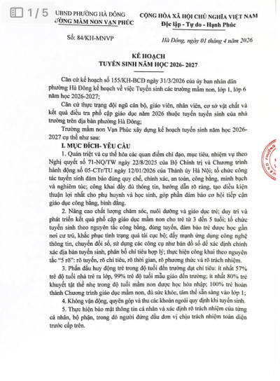 TRƯỜNG MẦM NON VẠN PHÚC THÔNG BÁO KẾ HOẠCH TUYỂN SINH NĂM HỌC 2026-2027