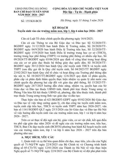 KẾ HOẠCH: TUYỂN SINH VÀO CÁC TRƯỜNG MN, LỚP 1, LỚP 6 NĂM HỌC 2026-2027