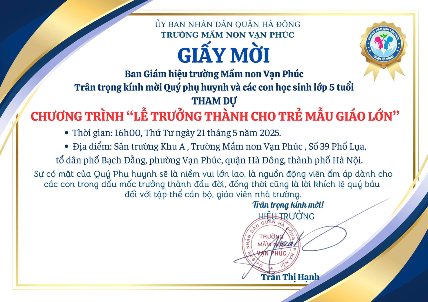  THÔNG BÁO TỔ CHỨC LỄ TRƯỞNG THÀNH CHO TRẺ MGL 5-6 TUỔI