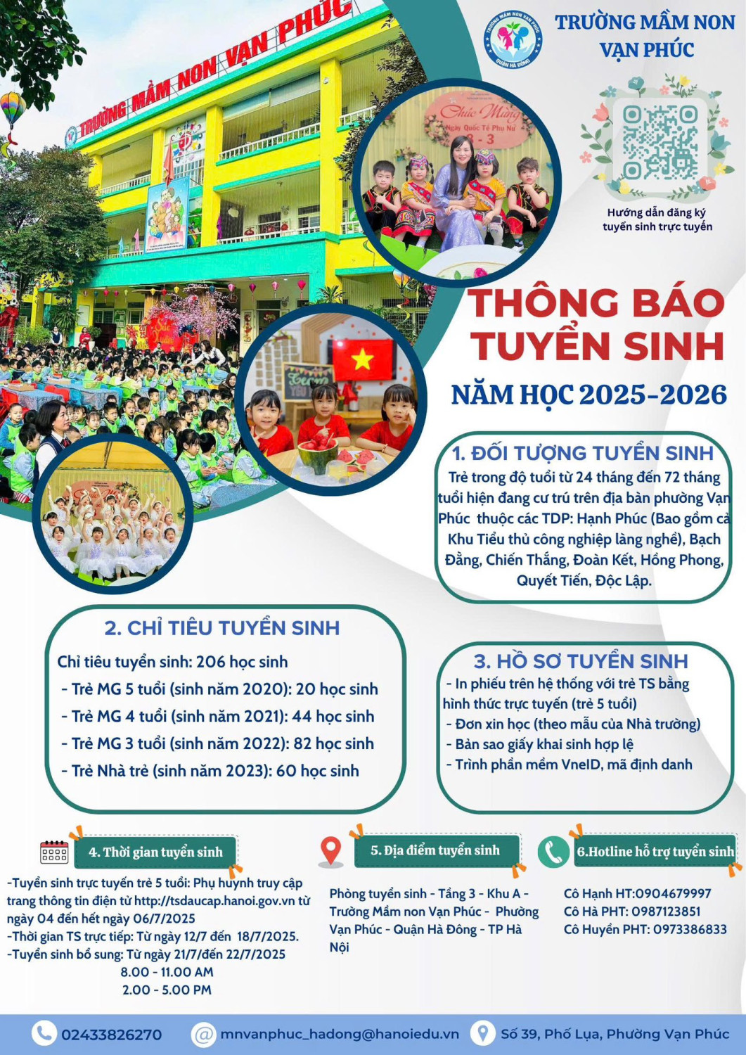Trường mầm non Vạn Phúc trân trọng kính gửi Quý phụ huynh thông báo tuyển sinh năm học 2025-2026