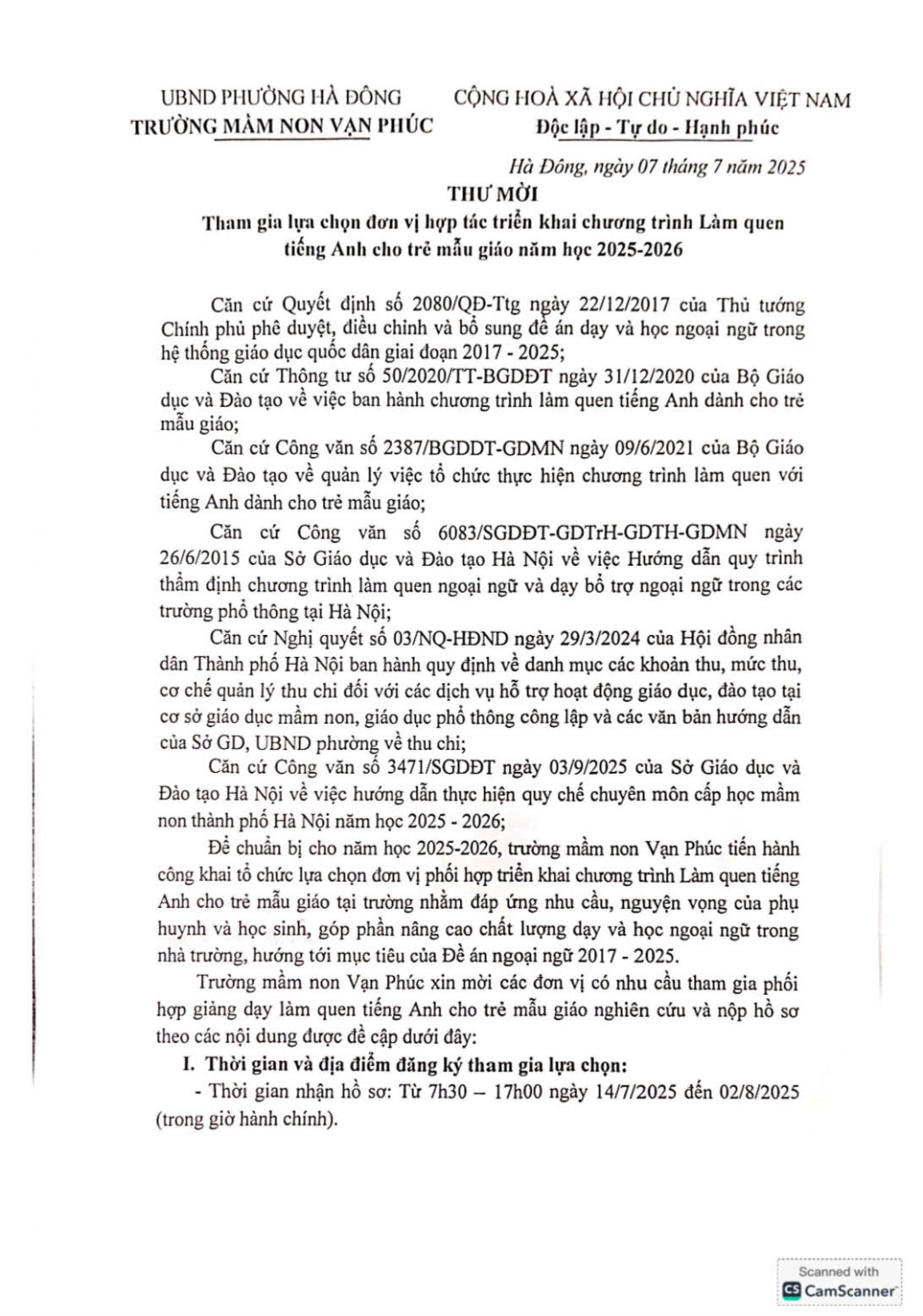 THƯ MỜI THAM GIA LỰA CHỌN ĐƠN VỊ HỢP TÁC TRIỂN KHAI CÁC HOẠT ĐỘNG NĂNG KHIẾU NĂM HỌC 2025-2026