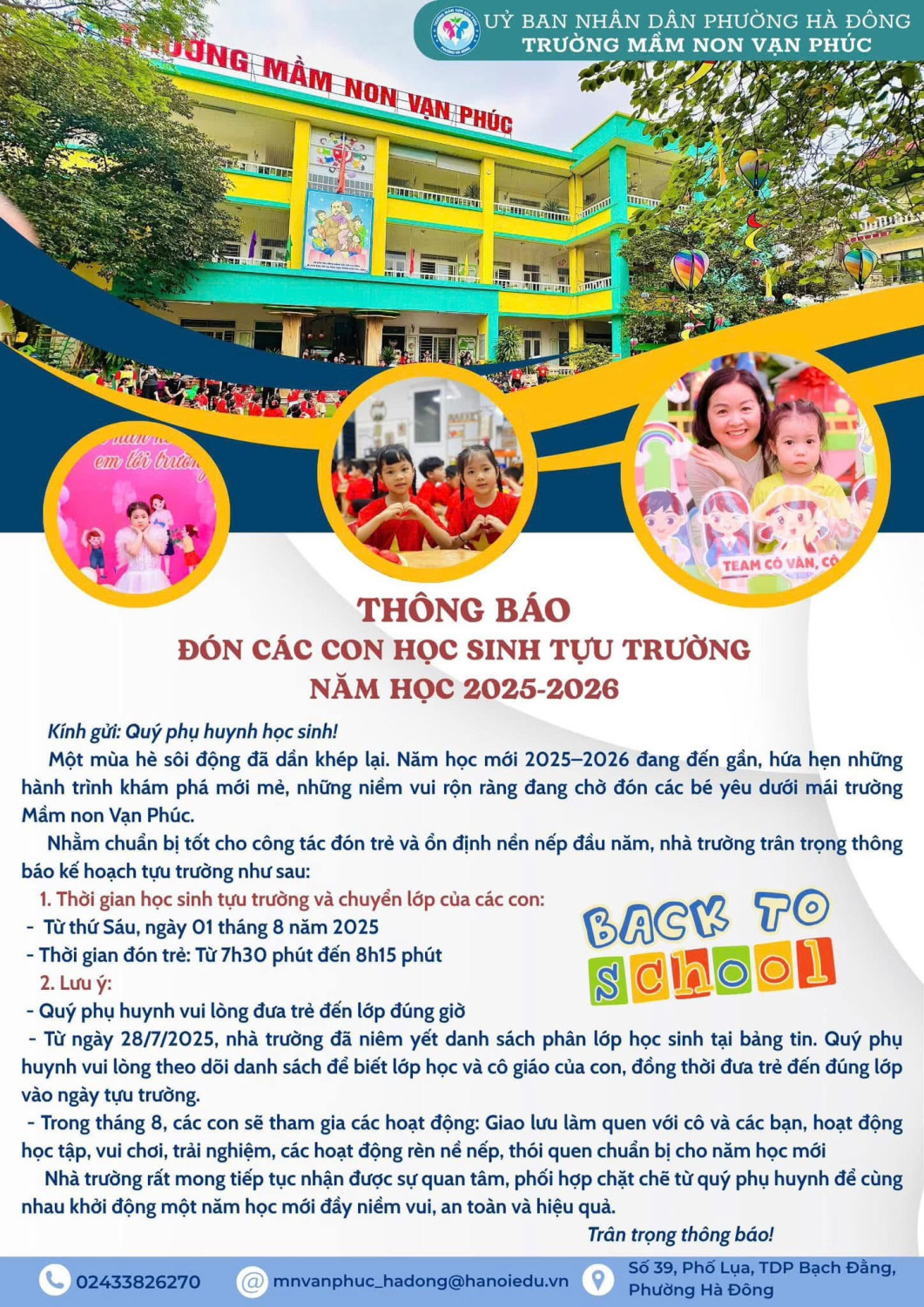 THÔNG BÁO ĐÓN CÁC CON HỌC SINH TỰU TRƯỜNG - NĂM HỌC 2025–2026