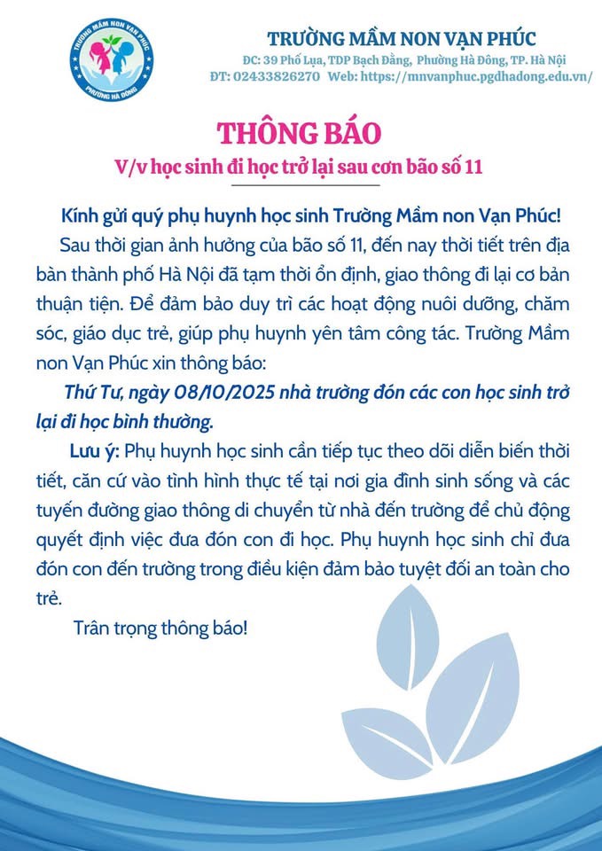 TRƯỜNG MẦM NON VẠN PHÚC SẴN SÀNG ĐÓN CÁC CON TRỞ LẠI TRƯỜNG SAU CƠN BÃO SỐ 11.