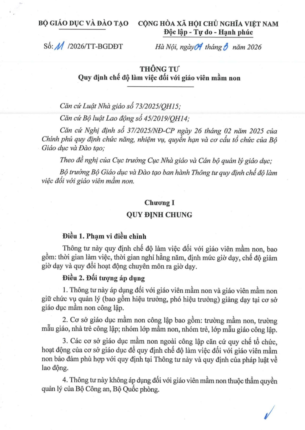 Thông tư quy định chế độ làm việc đối với giáo viên mầm non