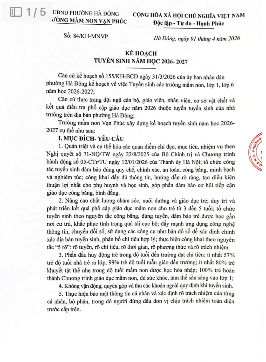 TRƯỜNG MN VẠN PHÚC THÔNG BÁO KẾ HOẠCH TUYỂN SINH NĂM HỌC 2026-2027