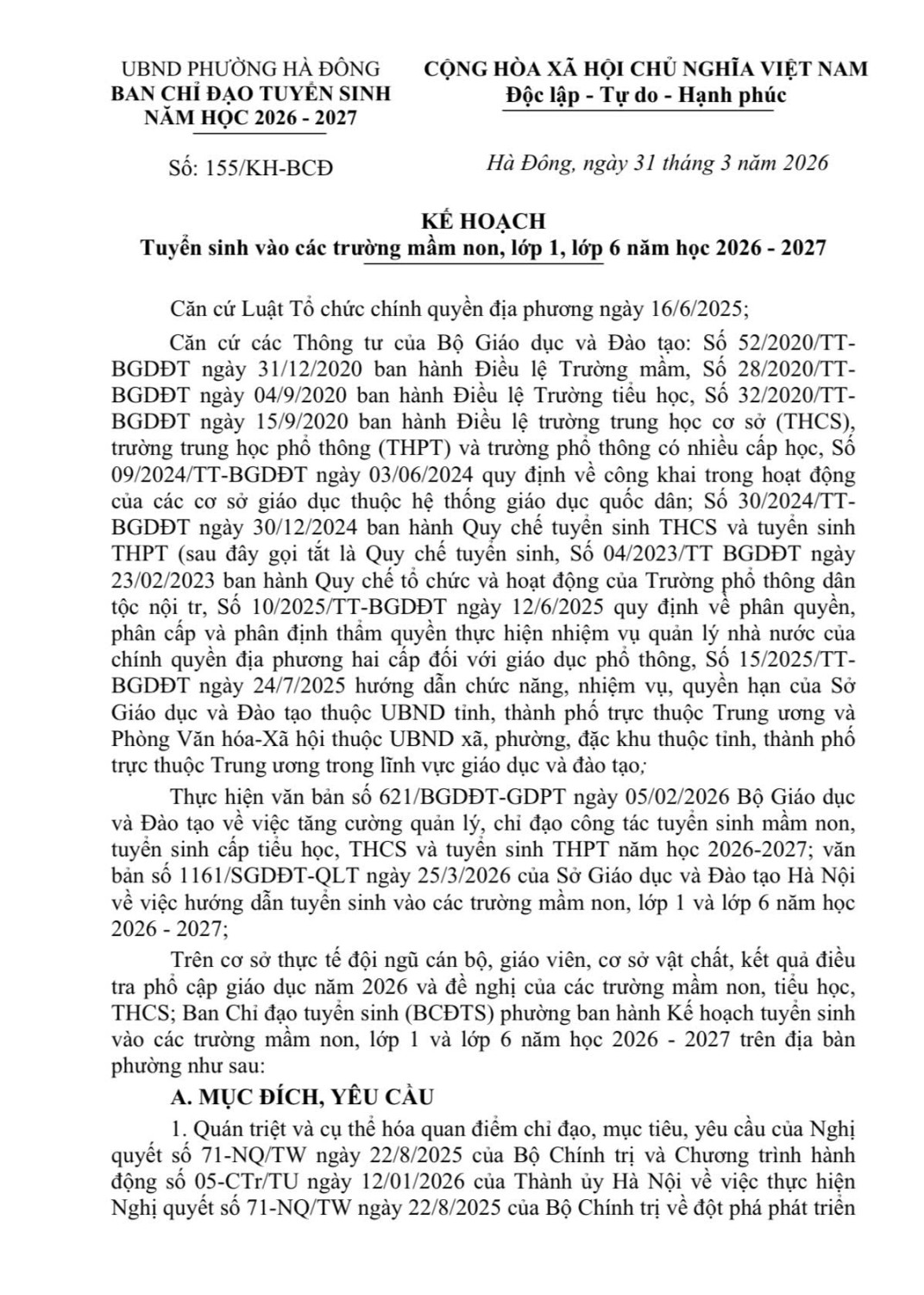 KẾ HOẠCH: TUYỂN SINH VÀO CÁC TRƯỜNG MN, LỚP 1, LỚP 6 NĂM HỌC 2026-2027
