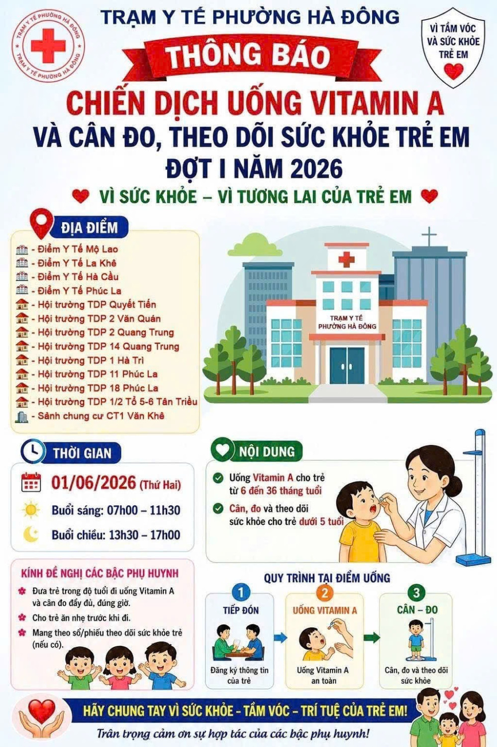 Lịch uống VTM A và cân đo theo dõi sức khỏe trẻ em của Trạm Y tế Phường Hà Đông