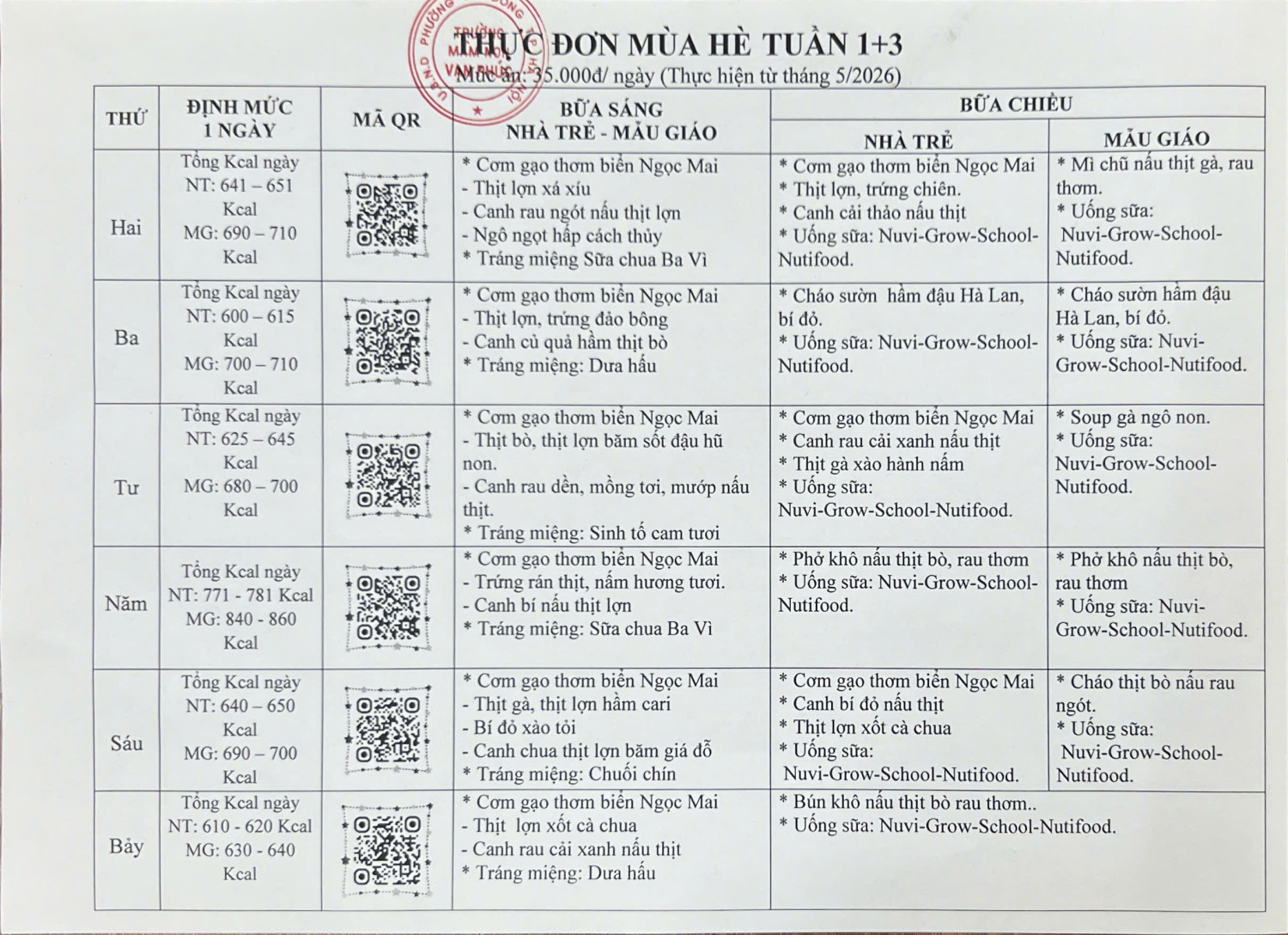 THỰC ĐƠN MÙA HÈ THÁNG 5/2026